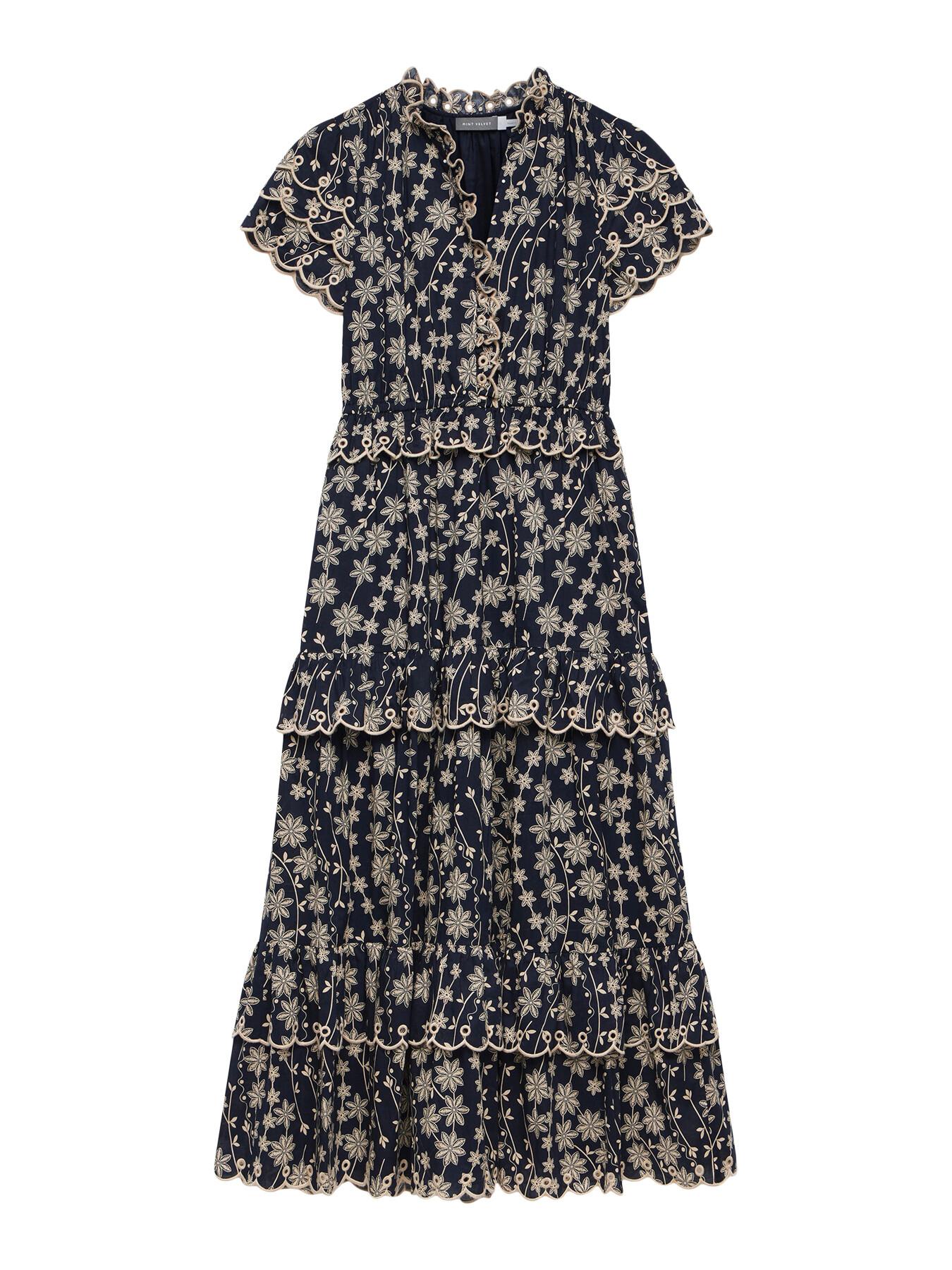 knee length dresses for ladies Navy Leaf Print Ruffle Detail Midi Dress – Mint Velvet