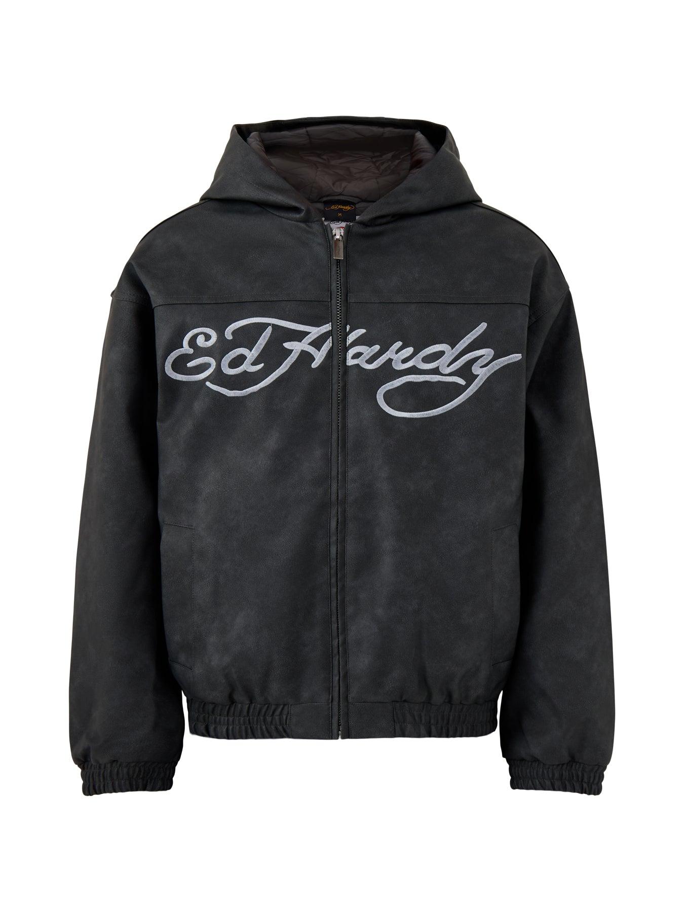 Ed Hardy Soaring Eagles Pu Hooded Vegan Jacket in Black for Men