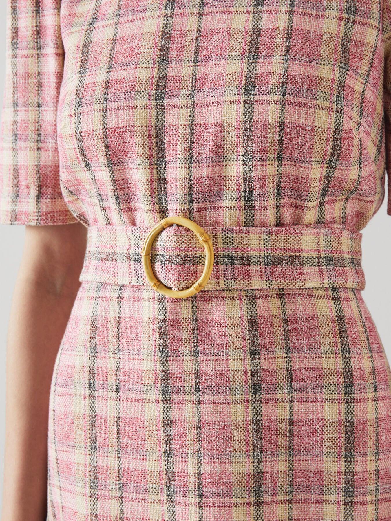 LK Bennett Eliza Cotton-Raffia Blend Check Tweed Dress in Pink