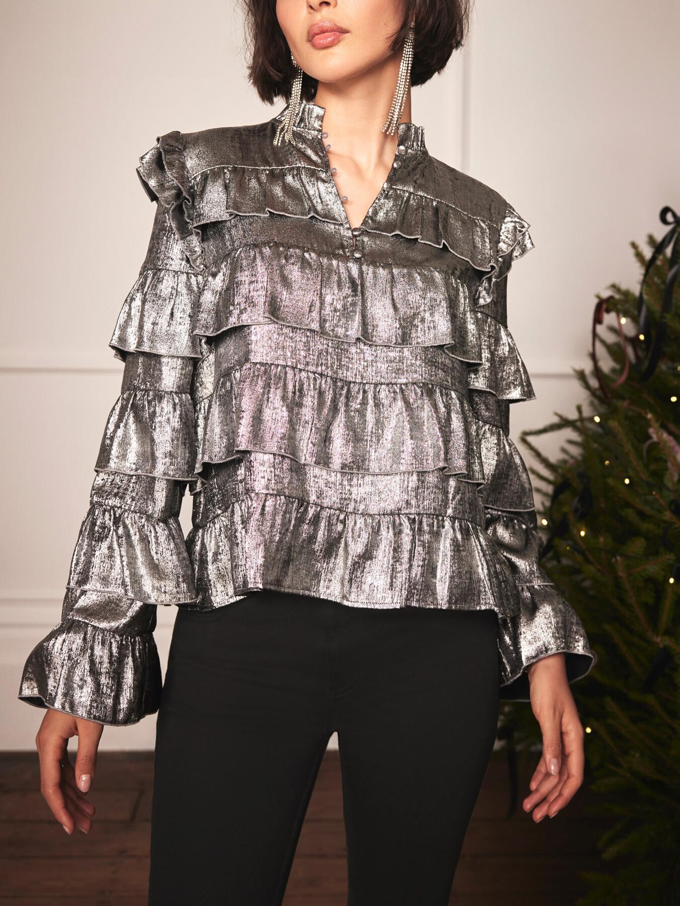 Mint Velvet Women's Metallic Ruffle Blouse in Grey Lyst UK