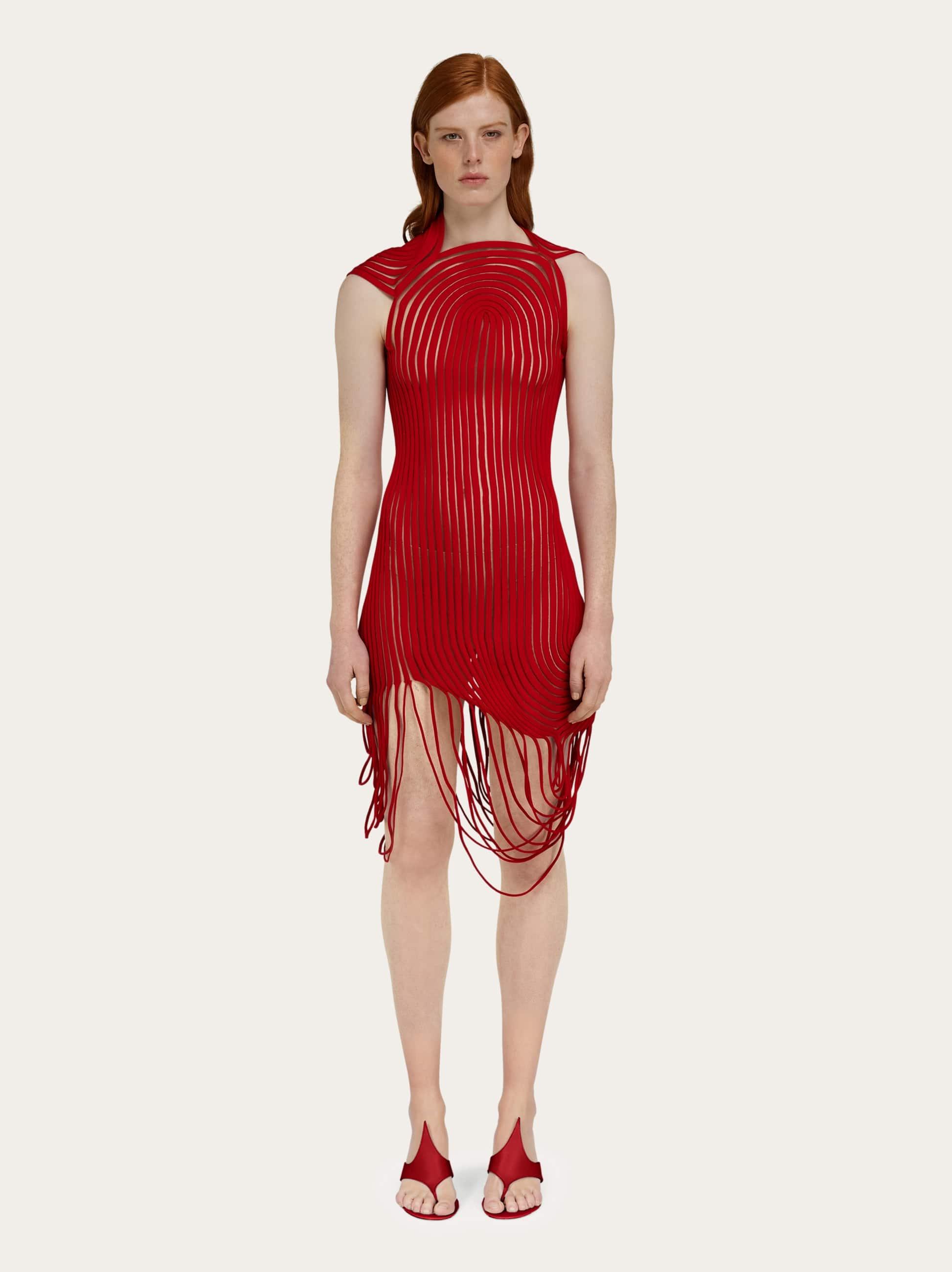 [Salvatore Ferragamo]ニットミディドレス Ferragamo Asymmetric Dress in Red | Lyst