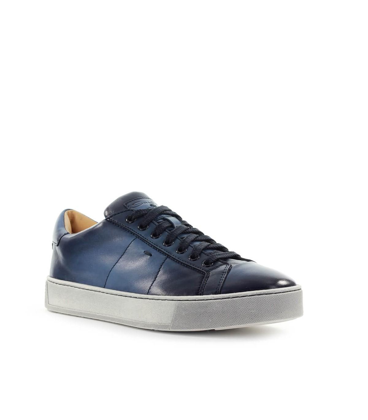 Santoni Vintage Effect Blue Leather Sneaker for Men | Lyst