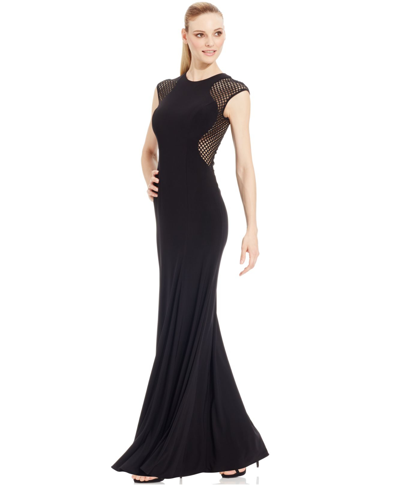 xscape cap sleeve embroidered gown
