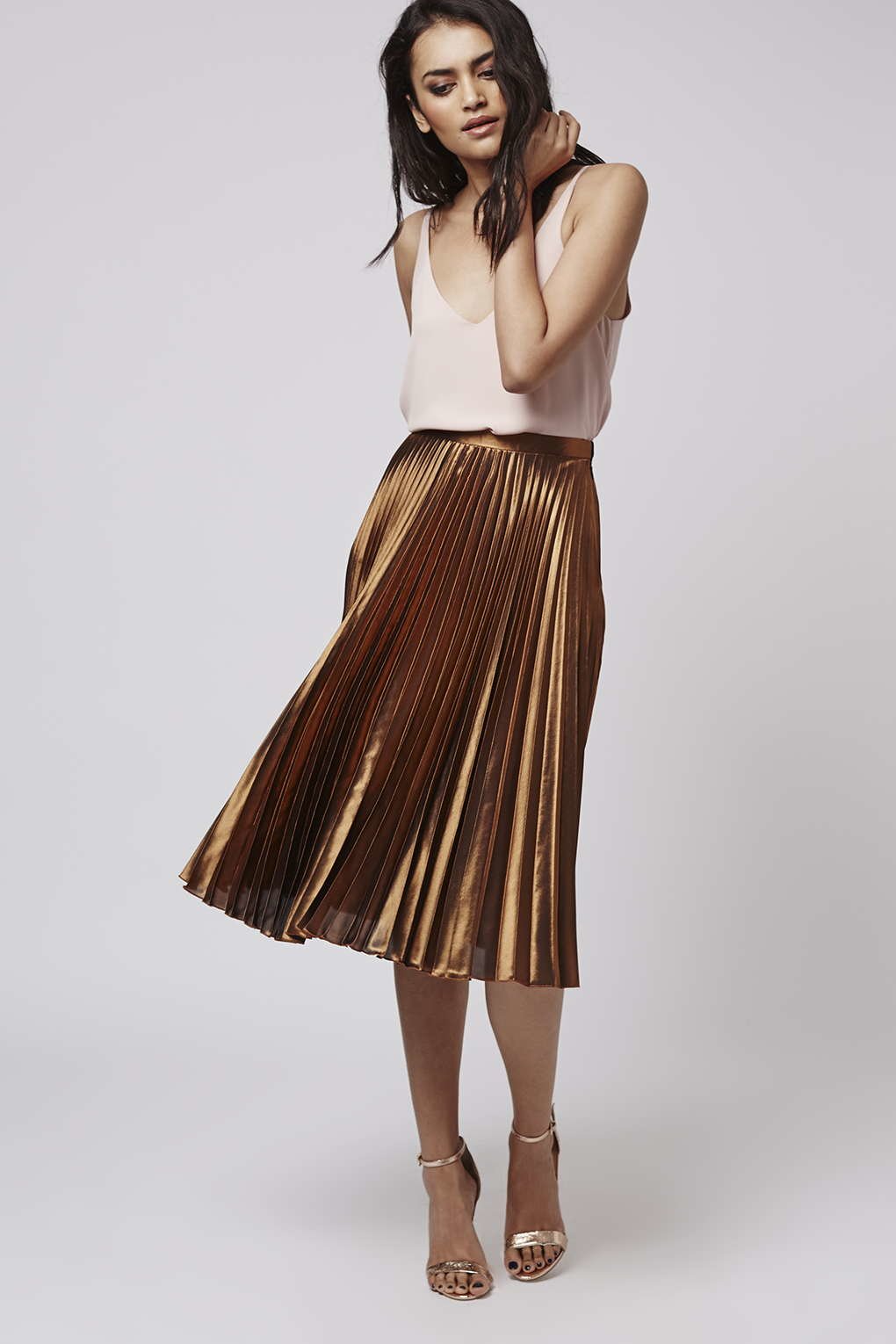 Topshop Foil Pleated Midi Skirt in Metallic | Lyst