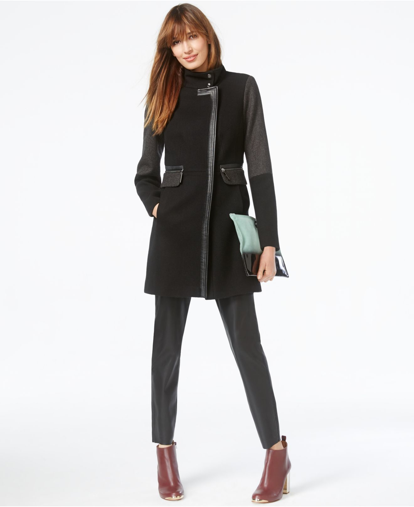 Kensie Faux Leather Trim Colorblocked Coat In Black Lyst Gallery