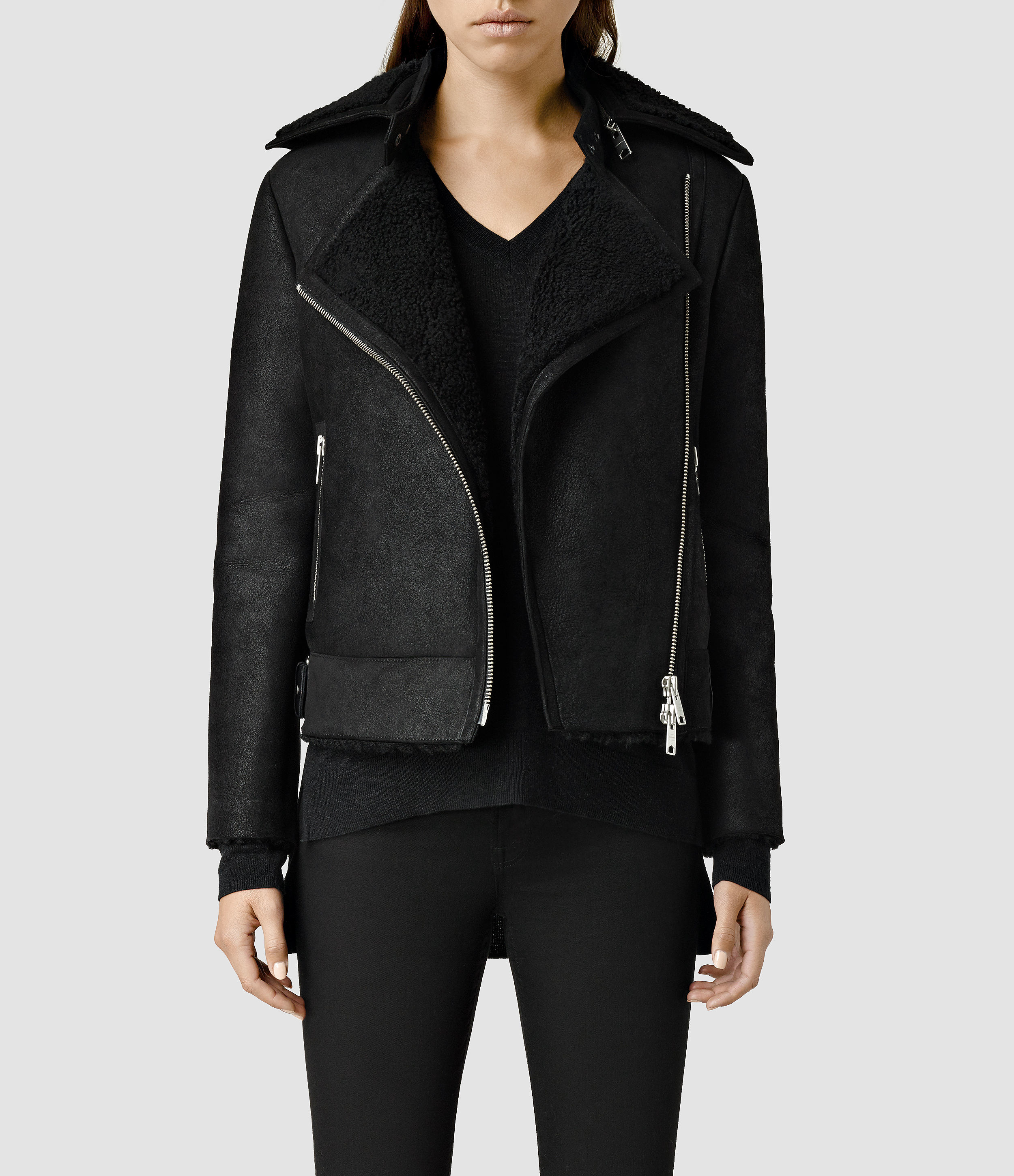all saints black shearling jacket