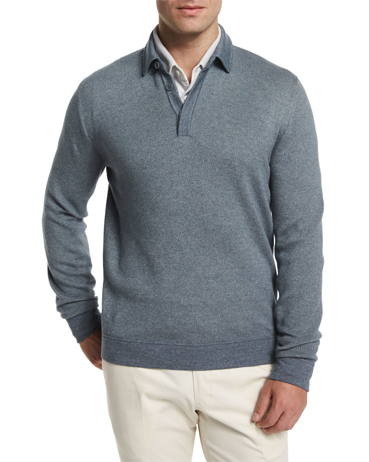 Loro Piana Cashmere-silk Long-sleeve Polo Sweater in Gray for Men - Lyst