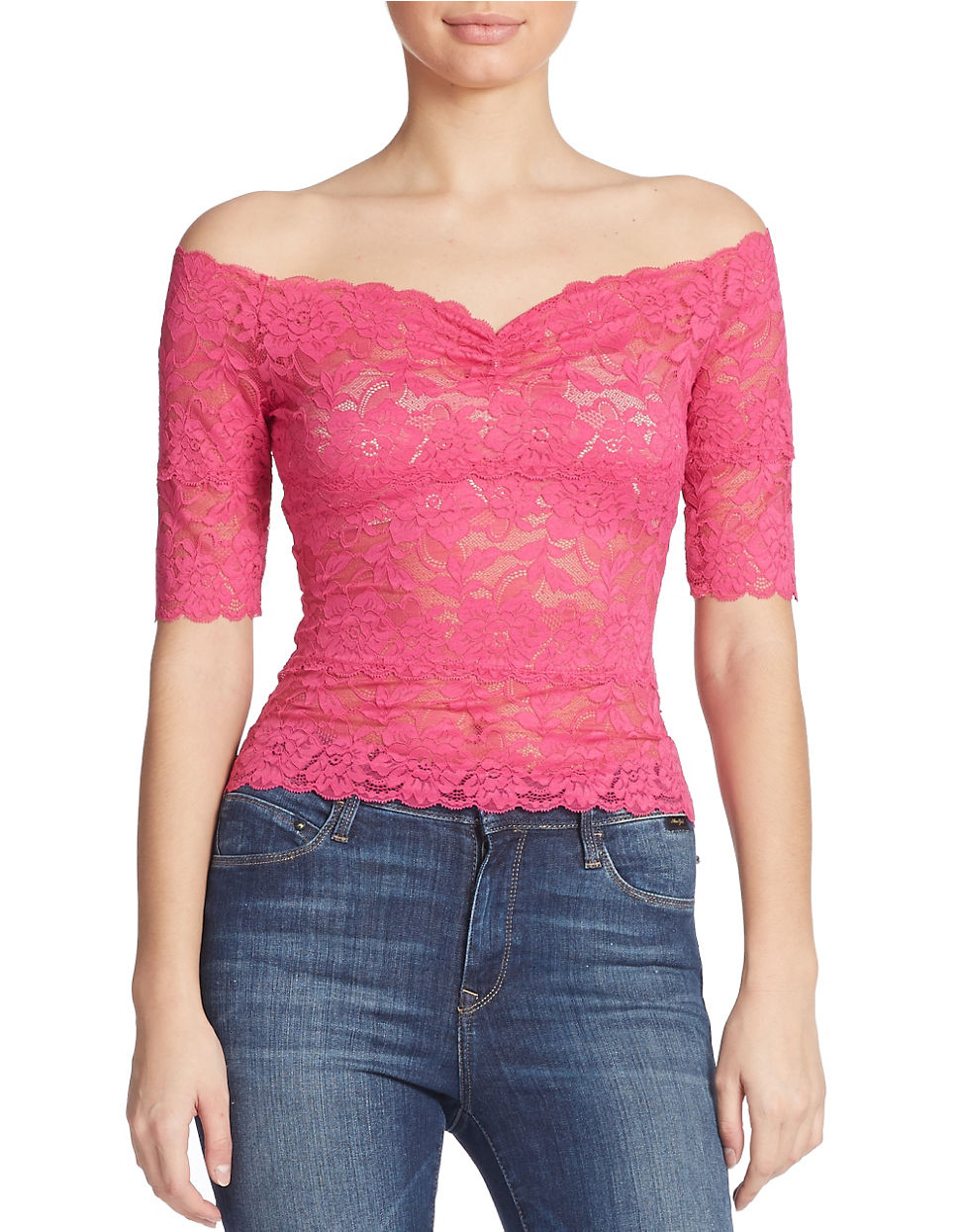 Lyst - Guess Off-the-shoulder Lace Top in Pink
