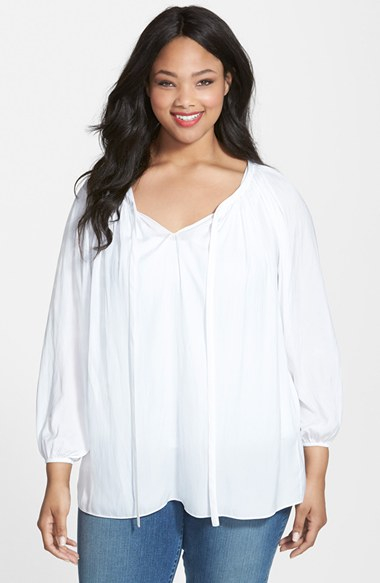 Vince camuto Tie Neck Rumpled Peasant Blouse in White (ultra white) | Lyst