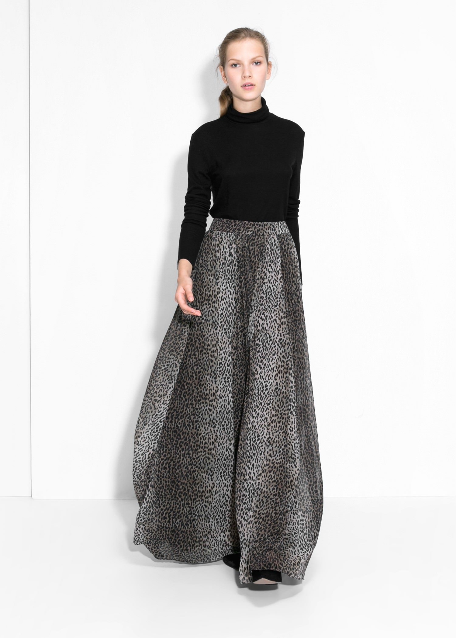 Download Mango Leopard-Print Long Skirt in Black - Lyst