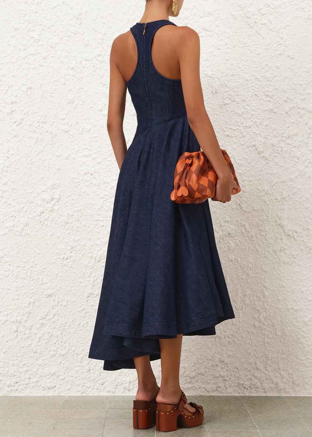 knee length dresses for ladies Midler Denim Midi Dress Mid Blue
