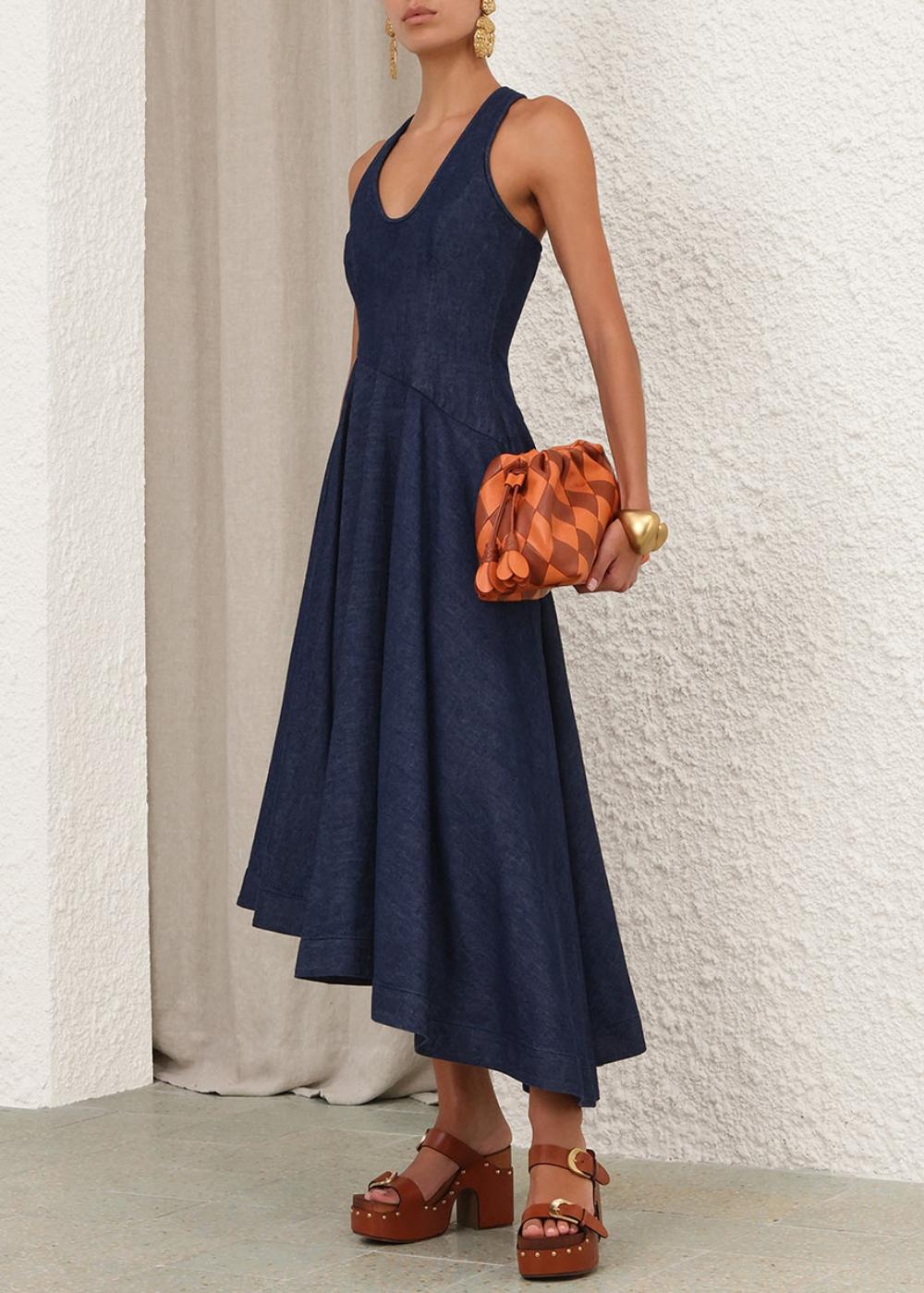 knee length dresses for ladies Denim panelled flare midi dress main image 1