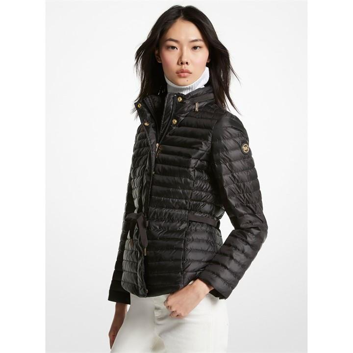 Black Puffer Quilted Nylon Belted Puffer Coat Michael Kors Kors