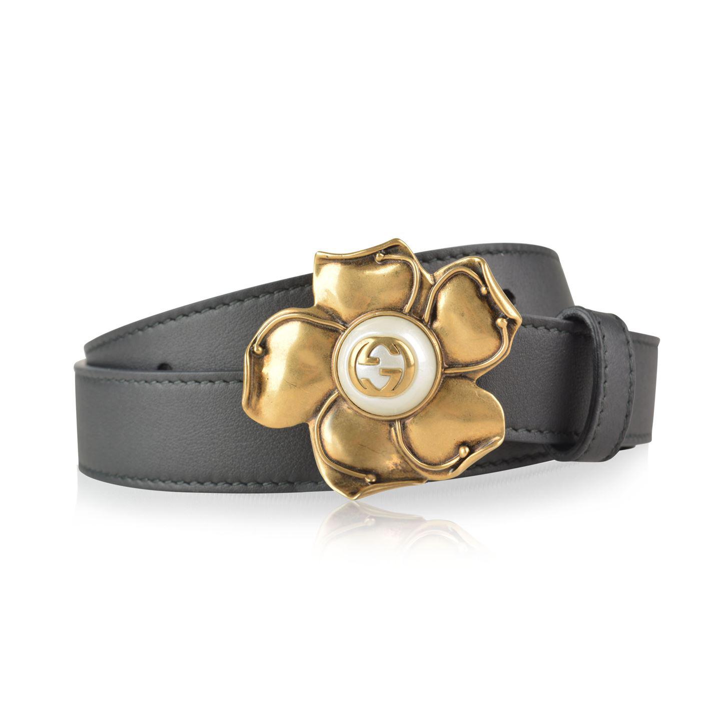 Gucci Leather Flower Buckle Belt in Black - Lyst
