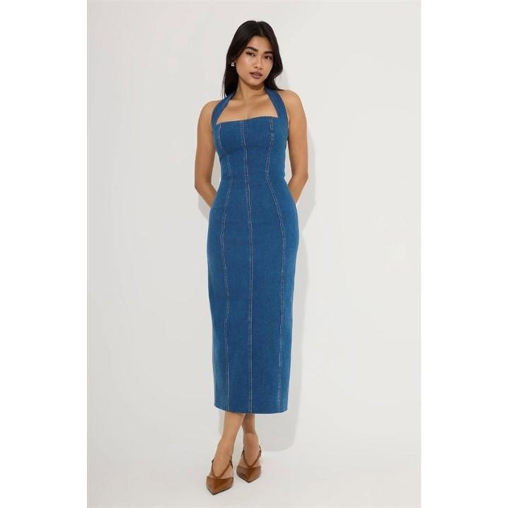 chinese dress ladies Zip Puff Sleeve Denim Dress-Dark Wash