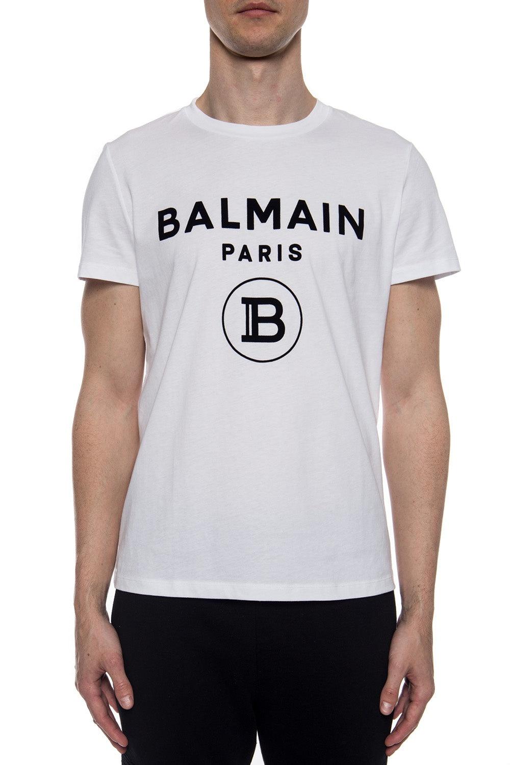 Balmain White Flocked B Paris Logo T-shirt for Men | Lyst