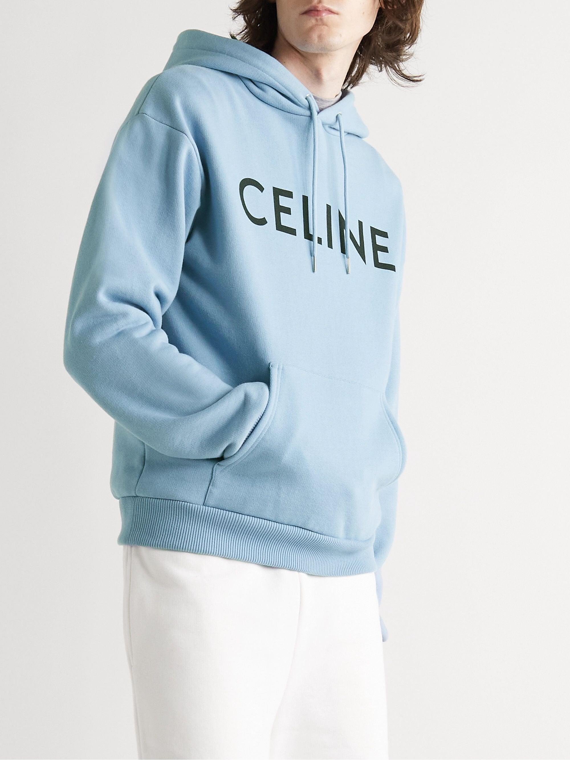 Celine Logo-print Cotton-jersey Hoodie In Light Blue for Men | Lyst