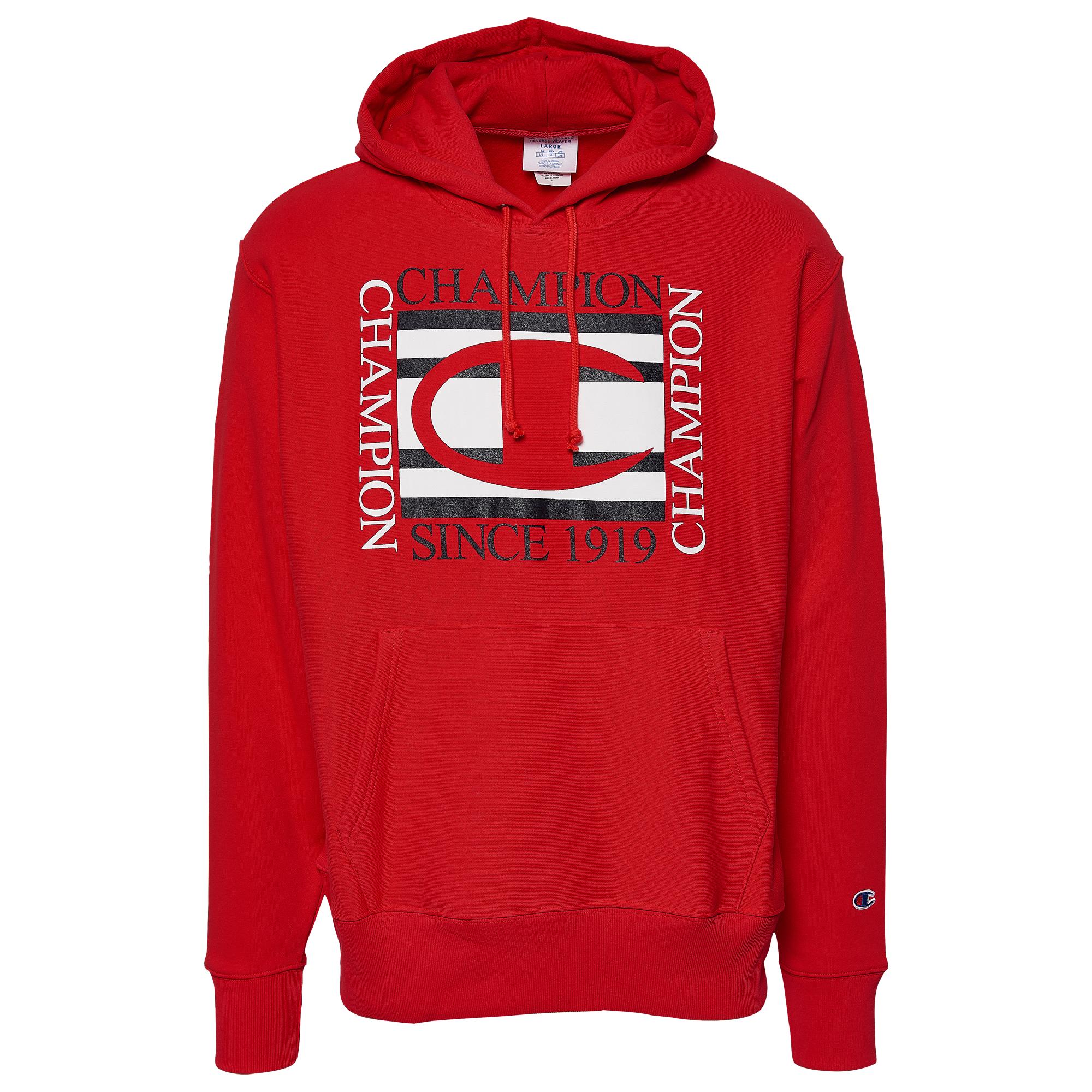 black white and red champion hoodie