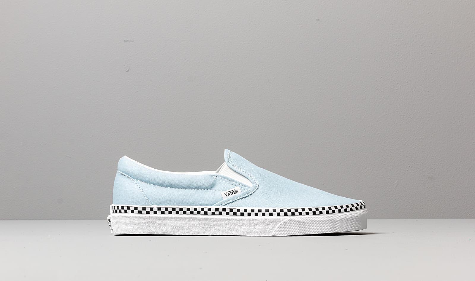 light blue slip on vans with checkered foxing