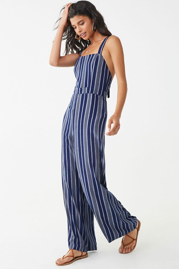 navy white striped jumpsuit