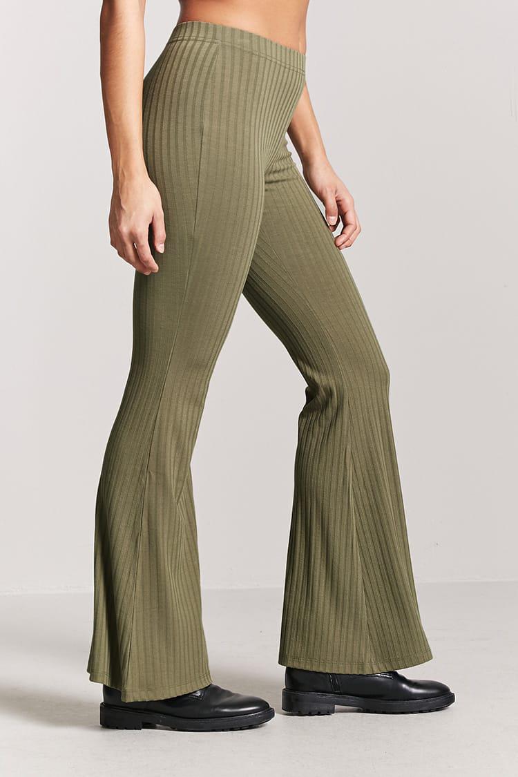 Forever 21 Synthetic Women's Ribbed Flare Trousers in Olive (Green) | Lyst