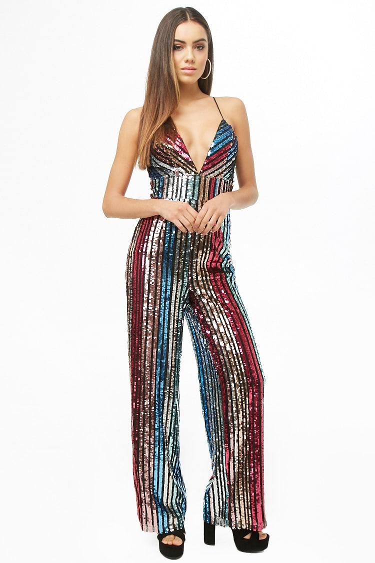 Forever 21 Synthetic Multicolor Striped Sequin Jumpsuit , Black/multi - Lyst