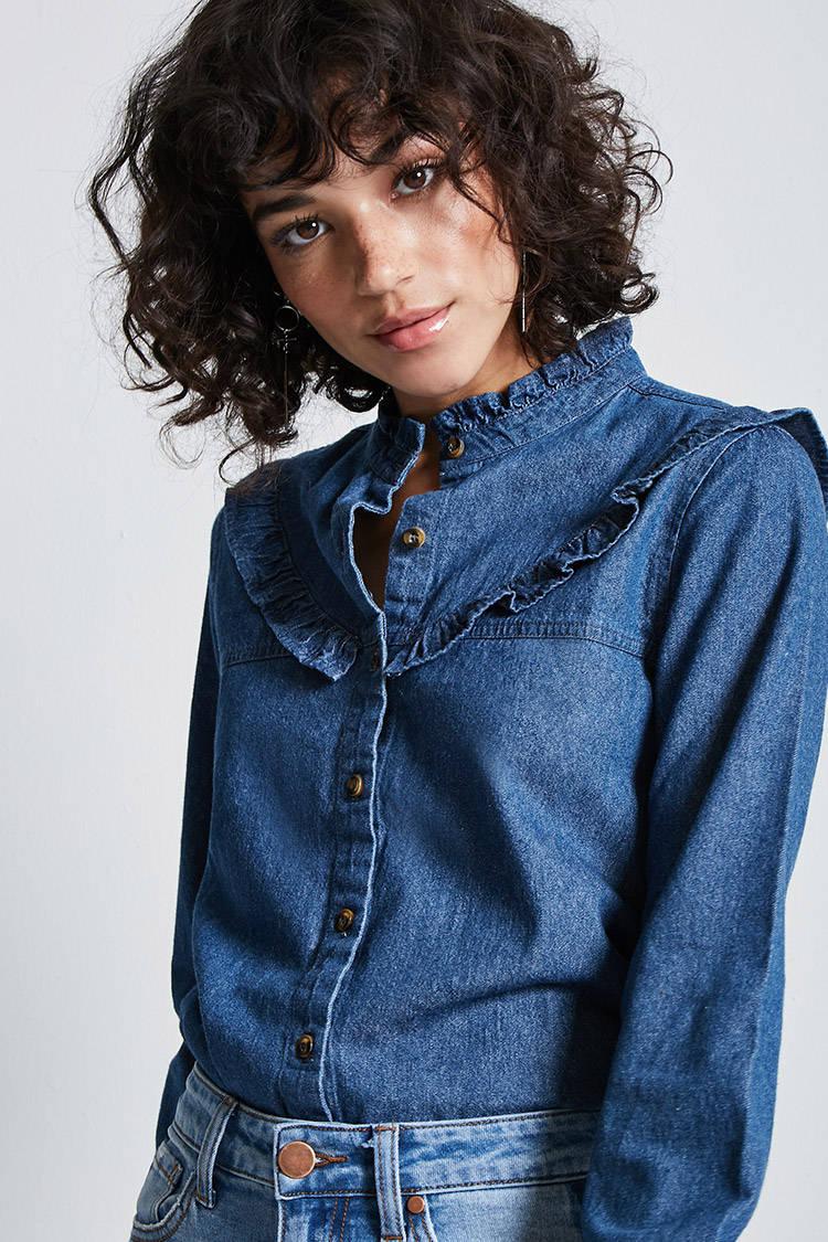 frilled denim shirt