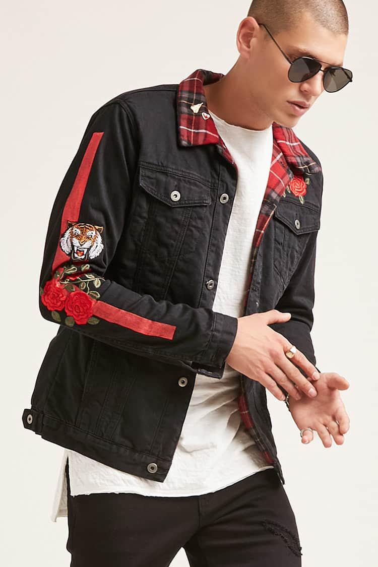 red and black jean jacket