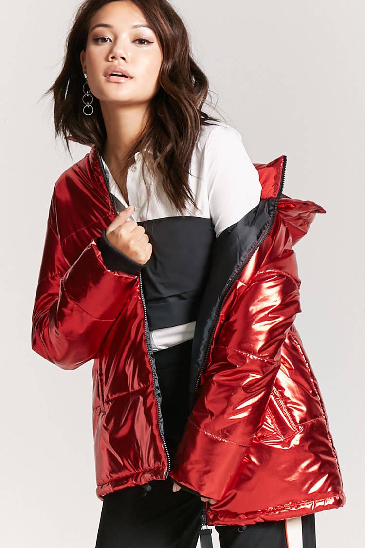 red metallic puffer jacket