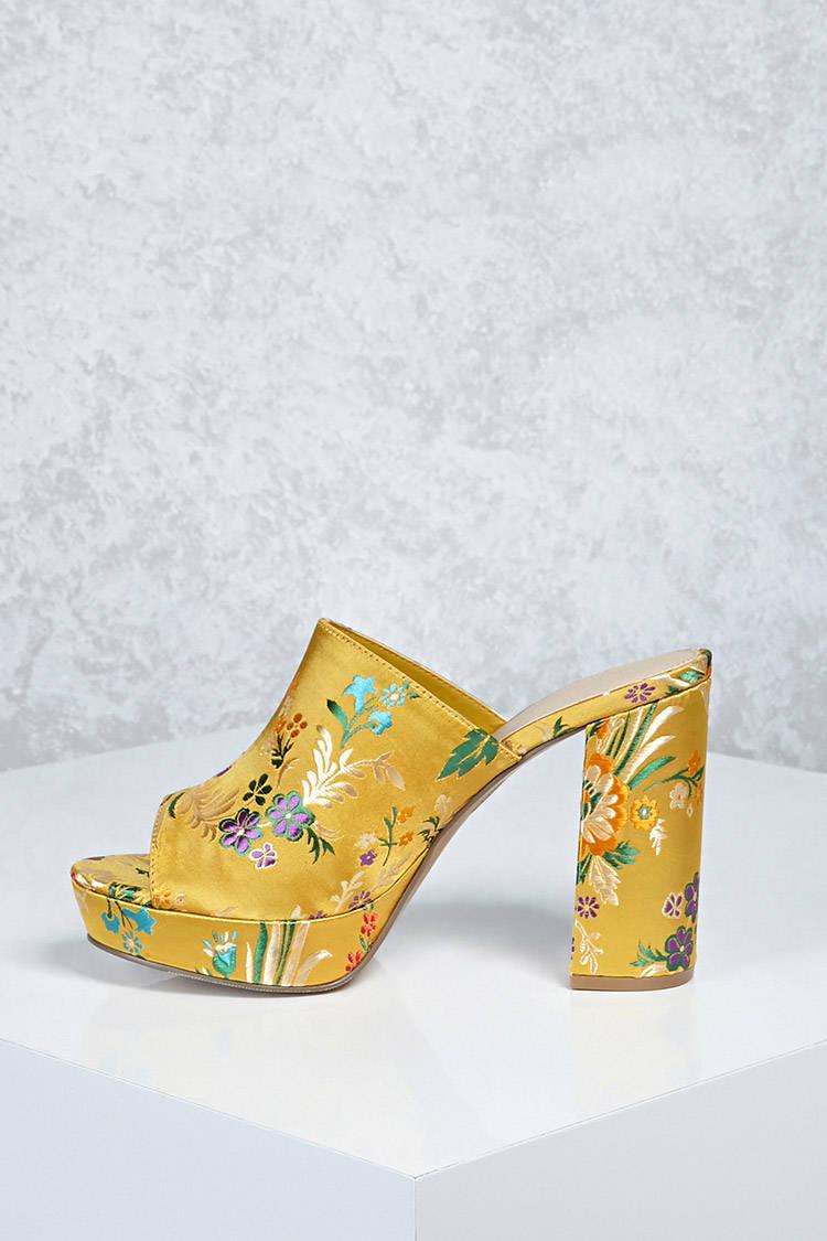 Forever 21 Floral Embroidered Satin Mules in Yellow | Lyst