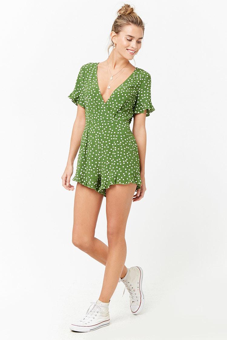 Forever 21 Plunging Polka Dot Playsuit In Green White Green Lyst