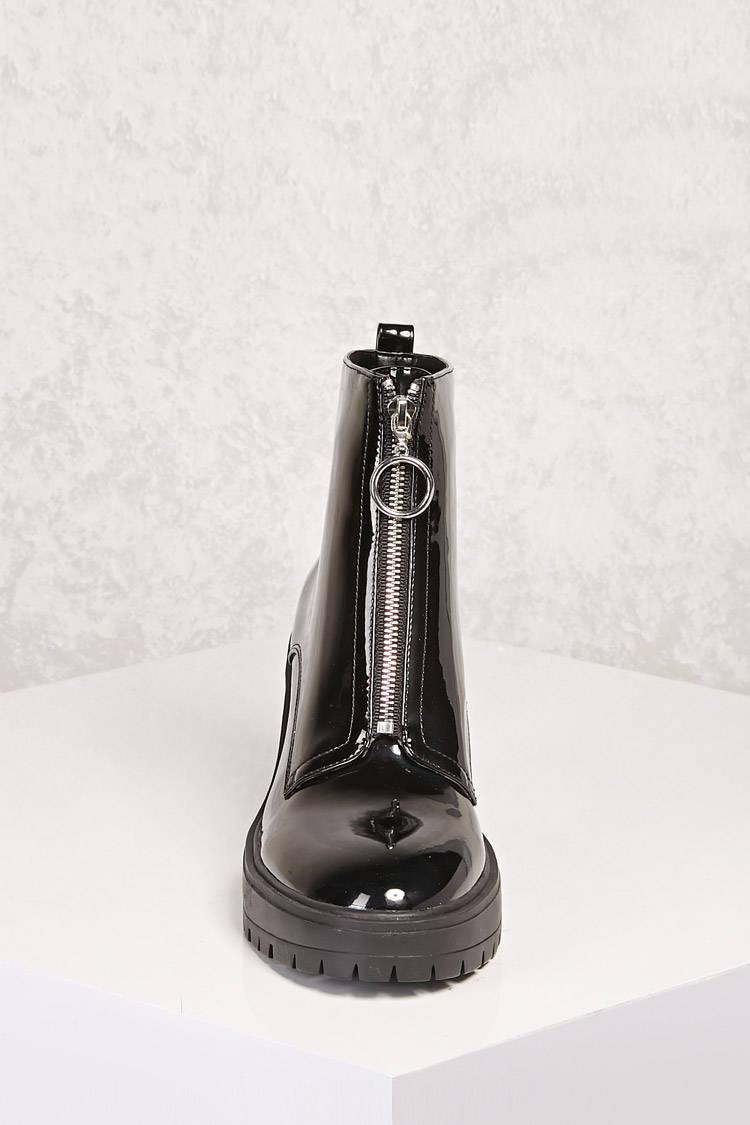 black ring pull zip front patent ankle boot