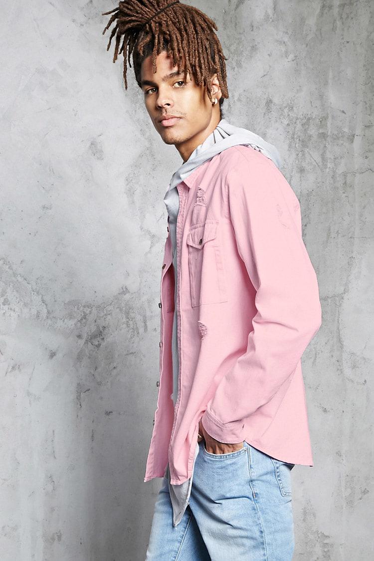 Forever 21 Distressed Denim Shirt in Pink for Men - Lyst