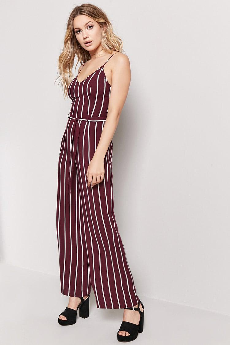 burgundy striped jumpsuit