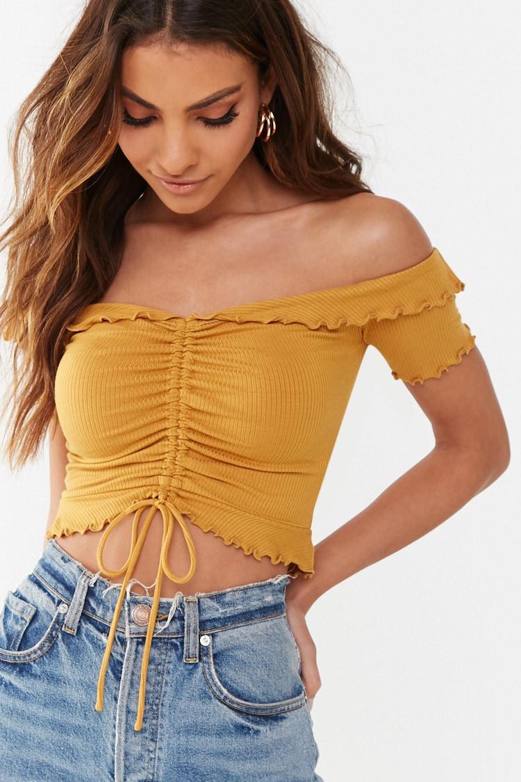Forever 21 Ruched Offtheshoulder Crop Top , Mustard in Orange Lyst