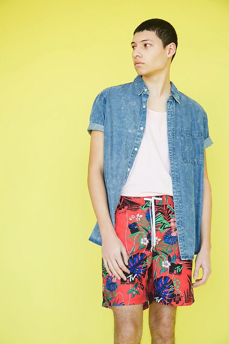 Forever 21 Synthetic Mtv Graphic Floral Print Swim Trunks For Men