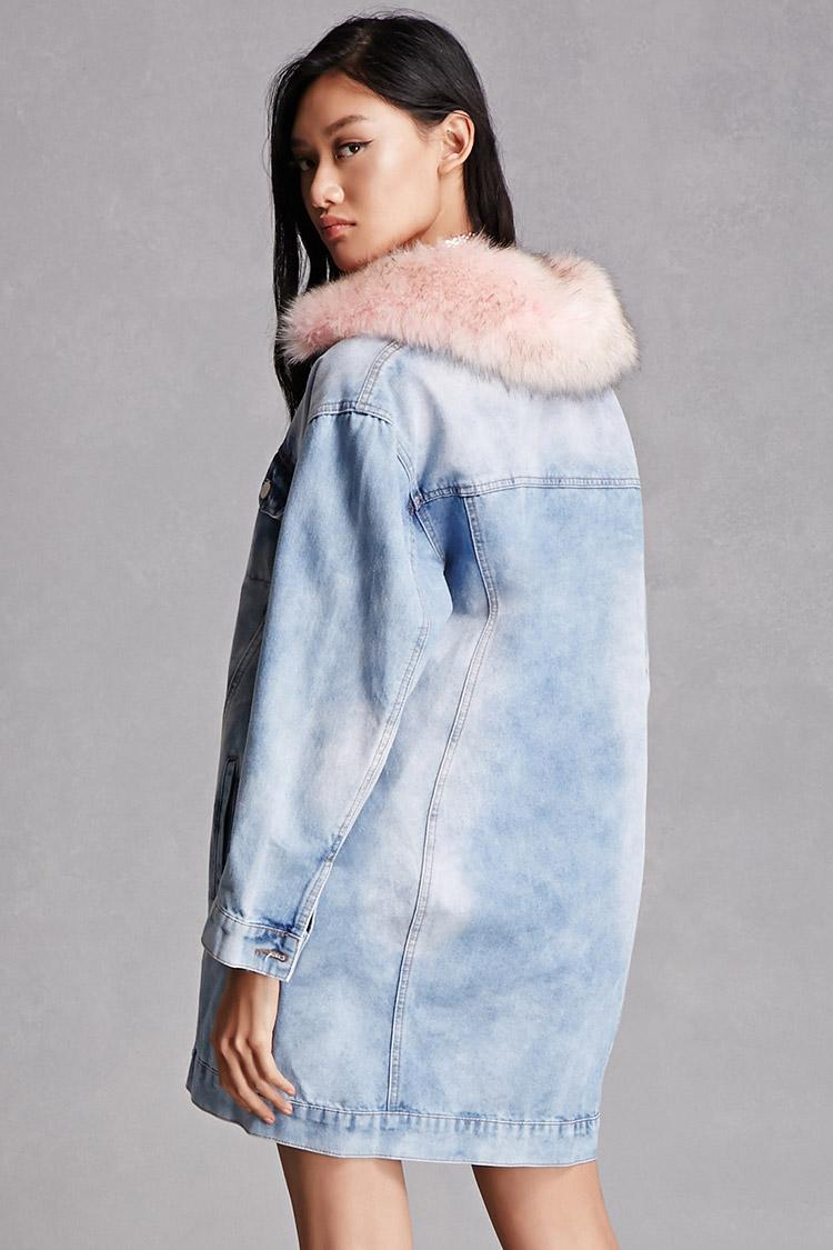 Forever 21 Faux Fur Trim Denim Jacket 