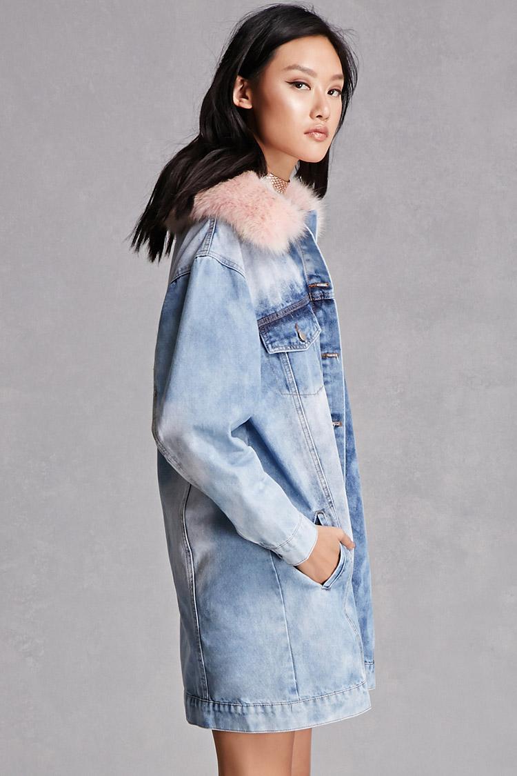 Forever 21 Faux Fur Trim Denim Jacket 