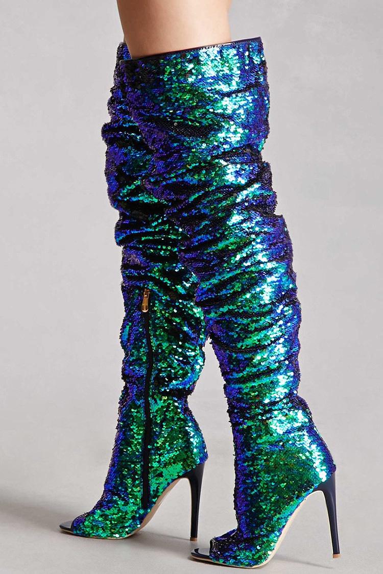 green sequin thigh high boots