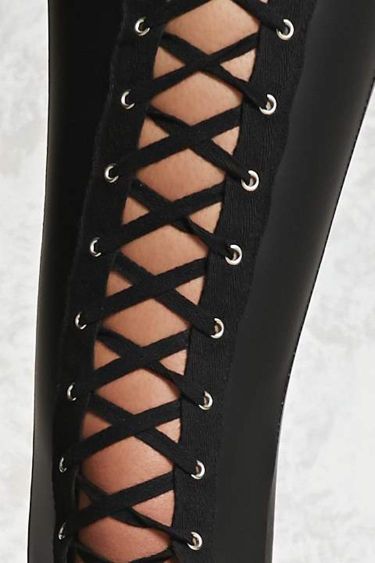 Faux Leather Lace-up Leggings in Black 