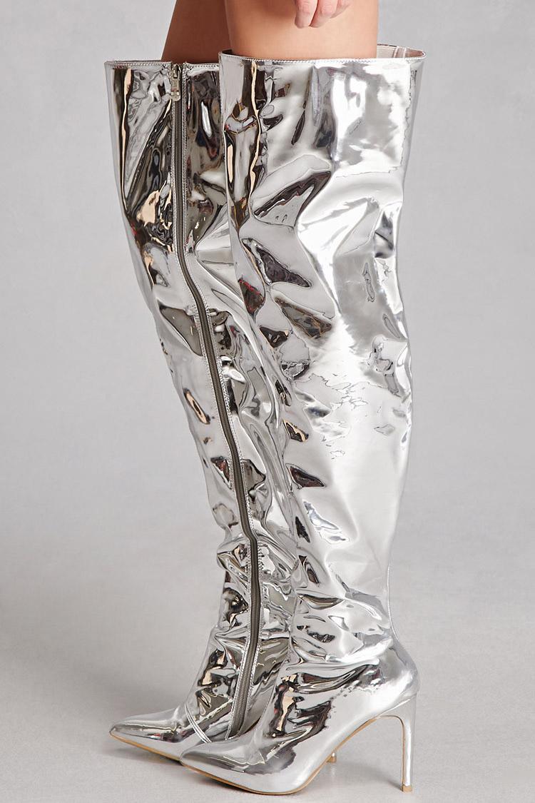 silver thigh high heels