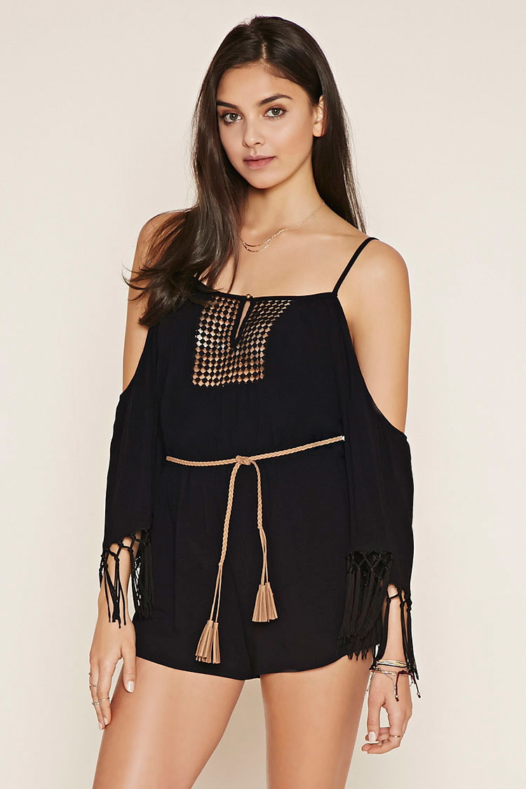 Forever 21 Tasseled Open Shoulder Playsuit In Black Lyst forever 21 tasseled open shoulder playsuit in black lyst