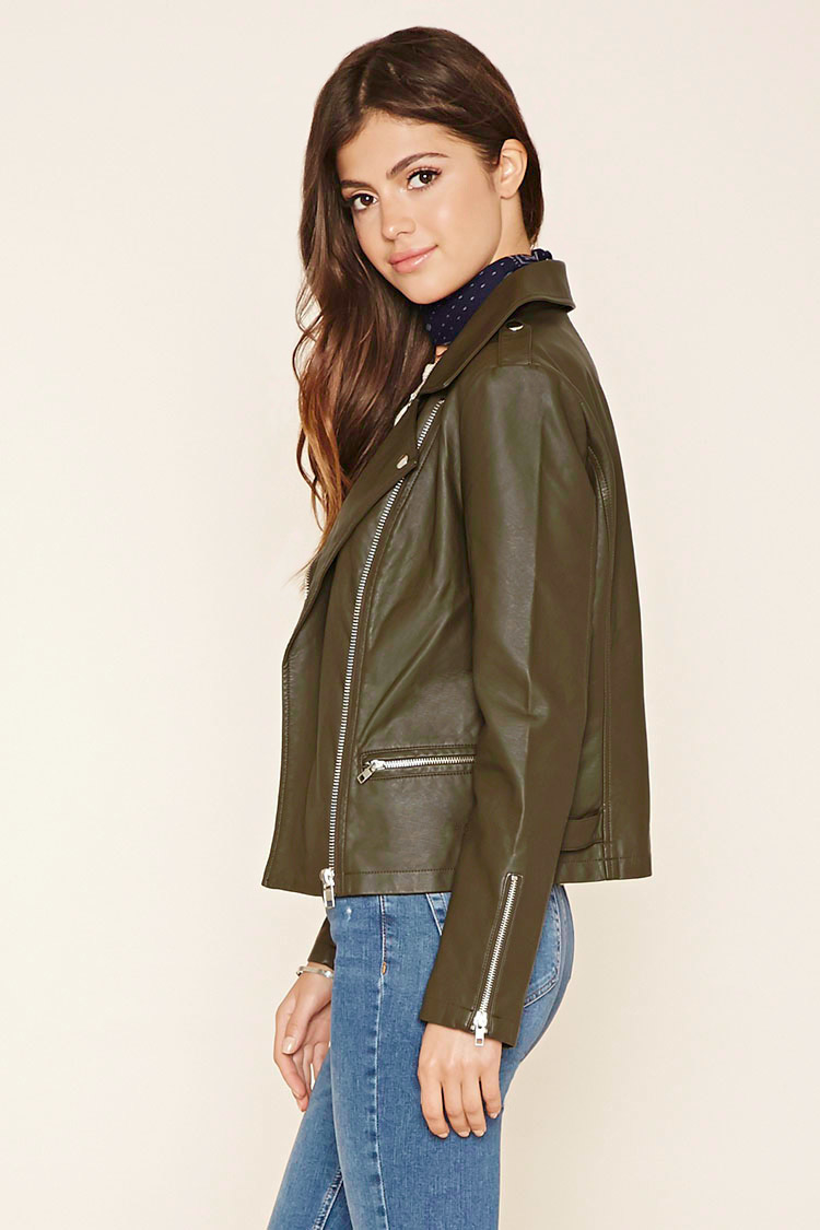 Lyst Forever 21 Faux Leather Moto Jacket in Green