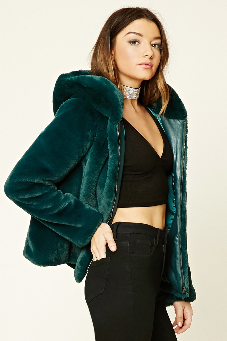 Forever 21 Faux Fur Hooded Jacket in Green - Lyst