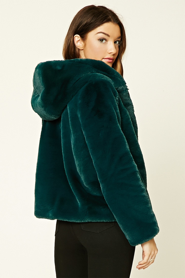 Forever 21 Faux Fur Hooded Jacket in Green - Lyst