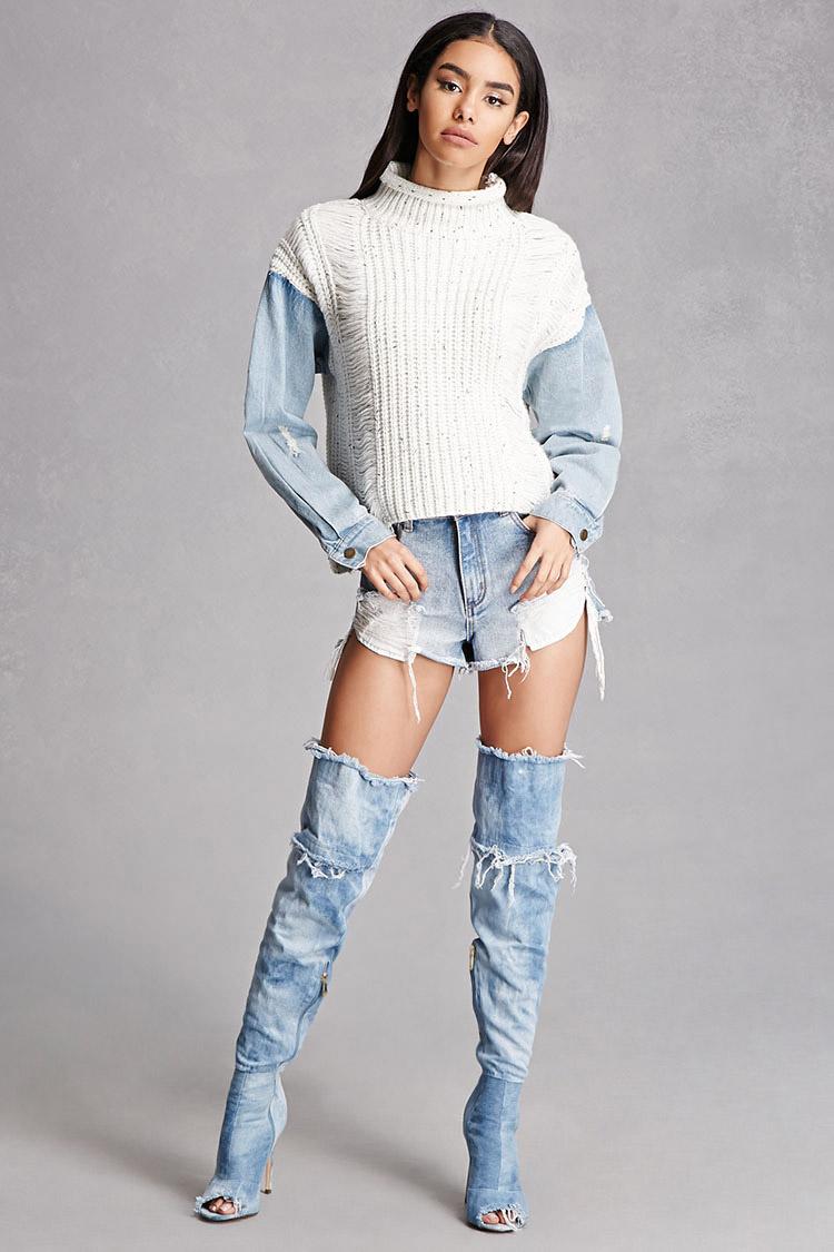rehab denim sleeve sweater