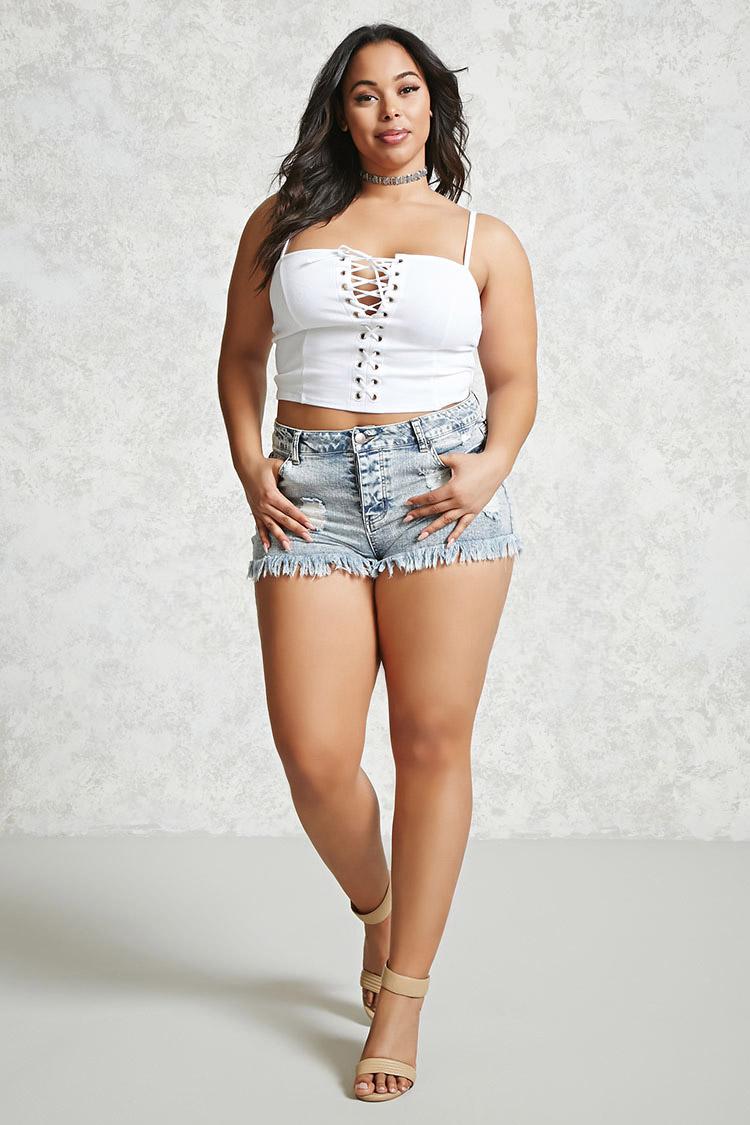 Plus Size Fringed Denim Shorts 