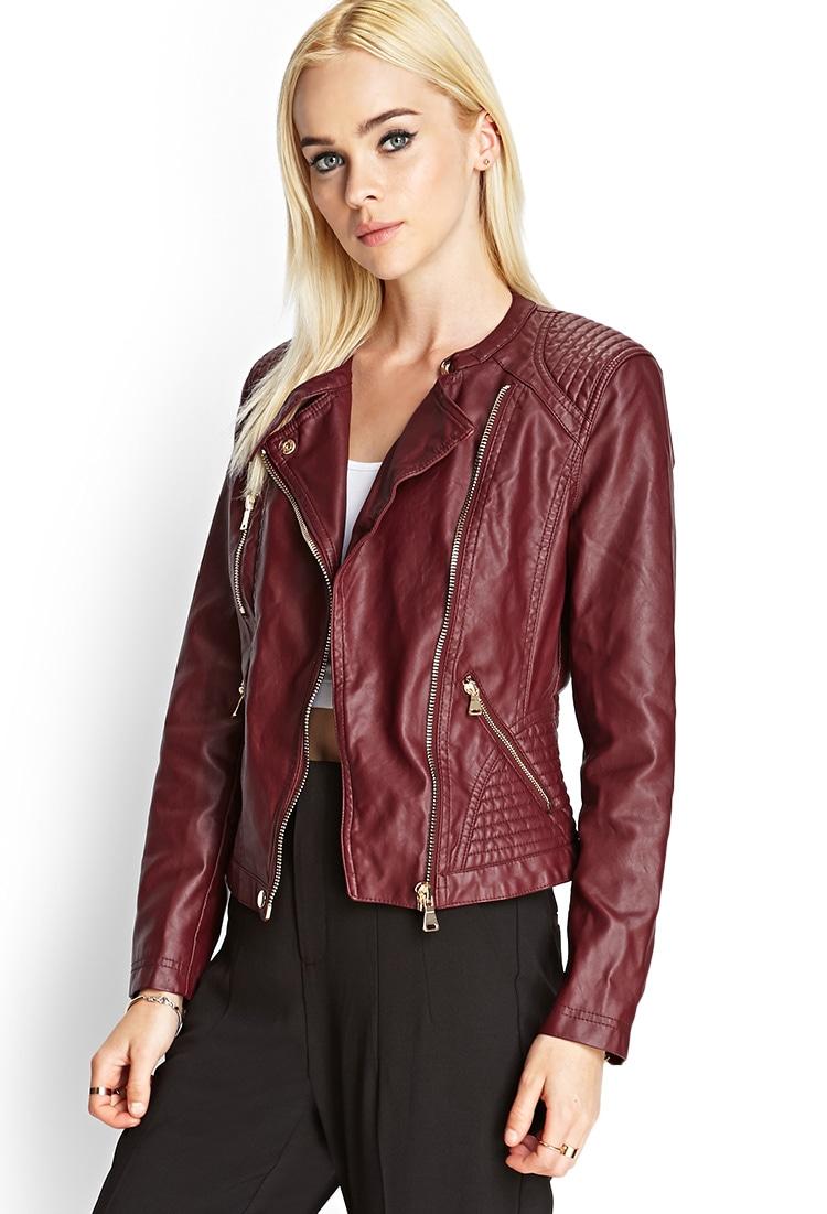 Lyst - Forever 21 Textured Faux Leather Jacket in Red