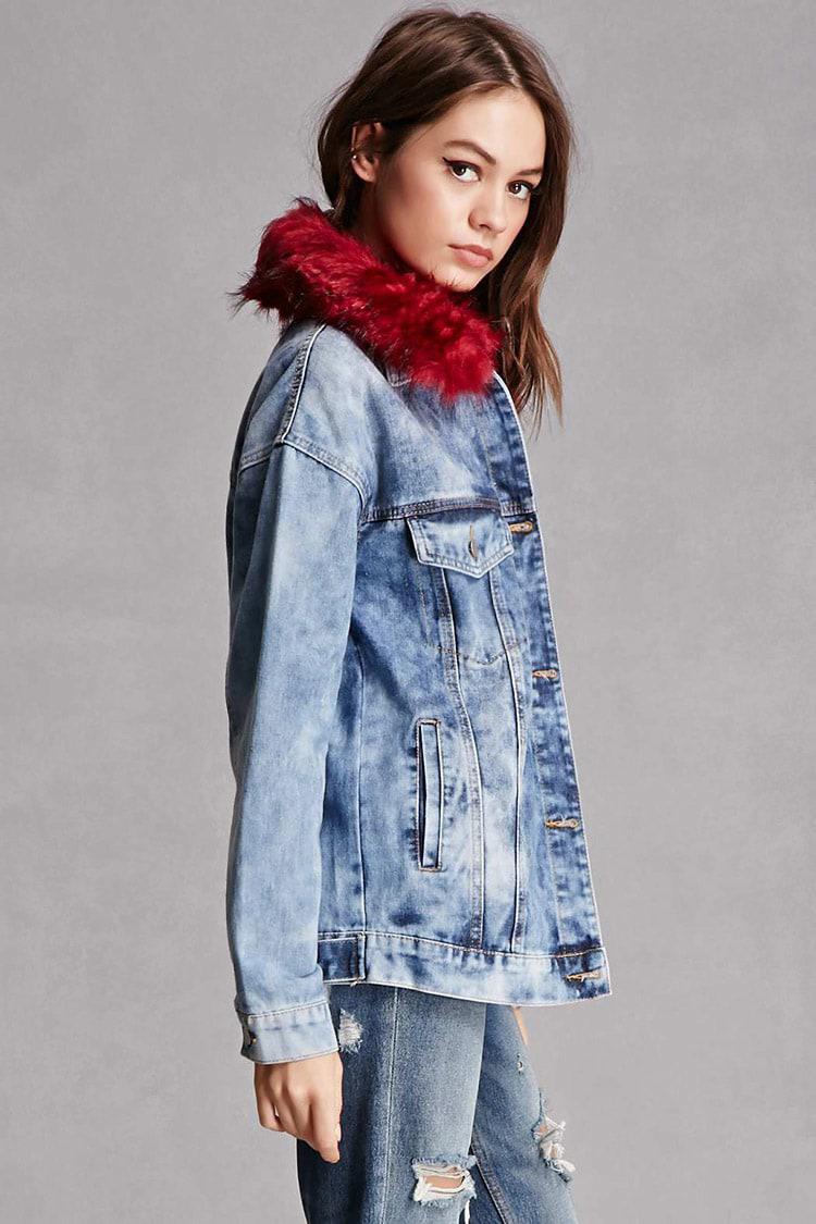 burgundy denim jacket with fur