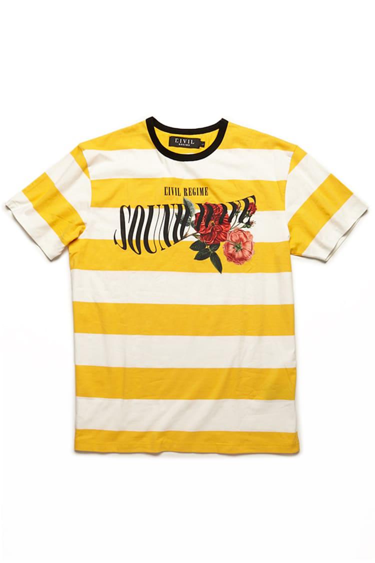 yellow and white graphic tee